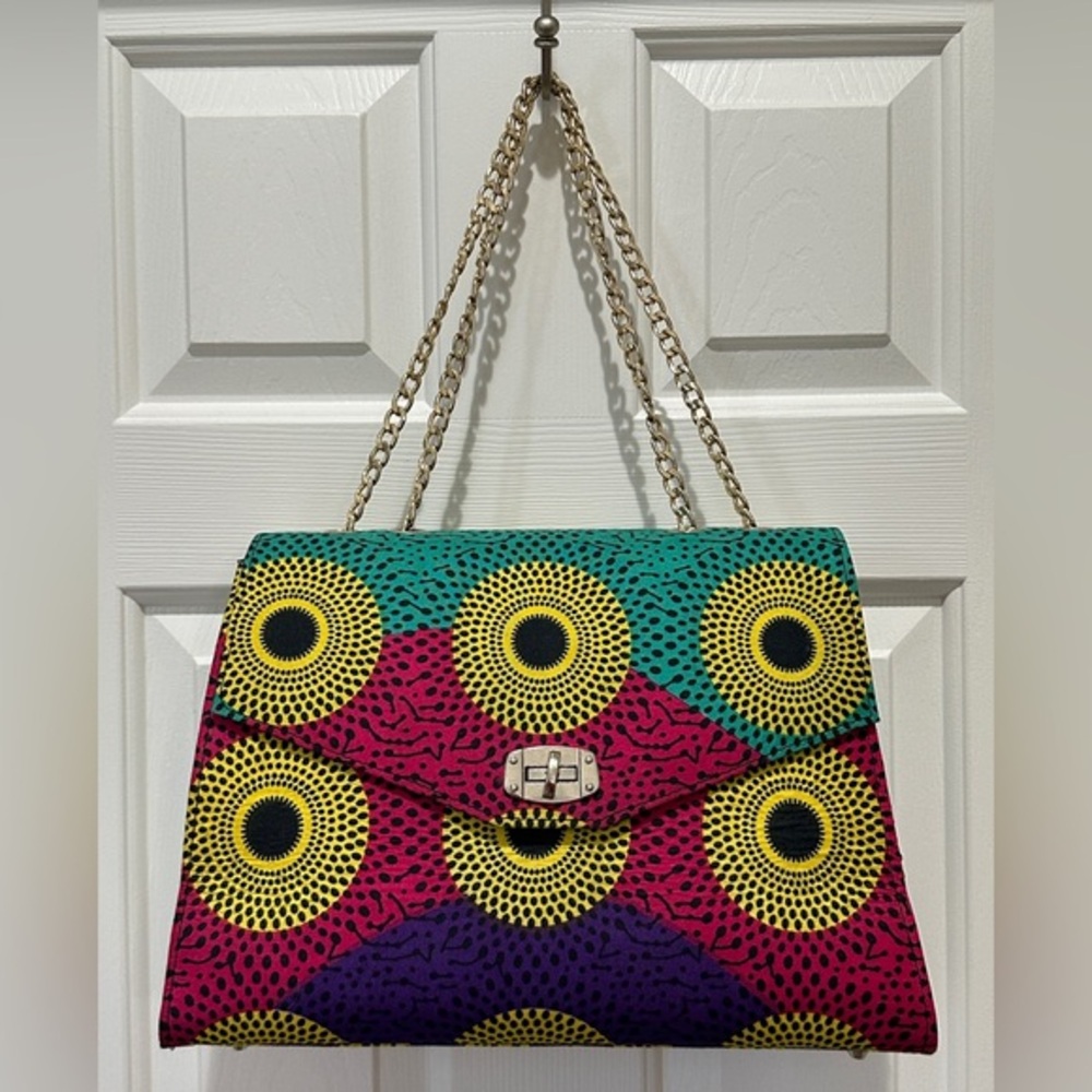 NEW African Print Chain Strap Shoulder Bag | Gold Chain | Structured Tote